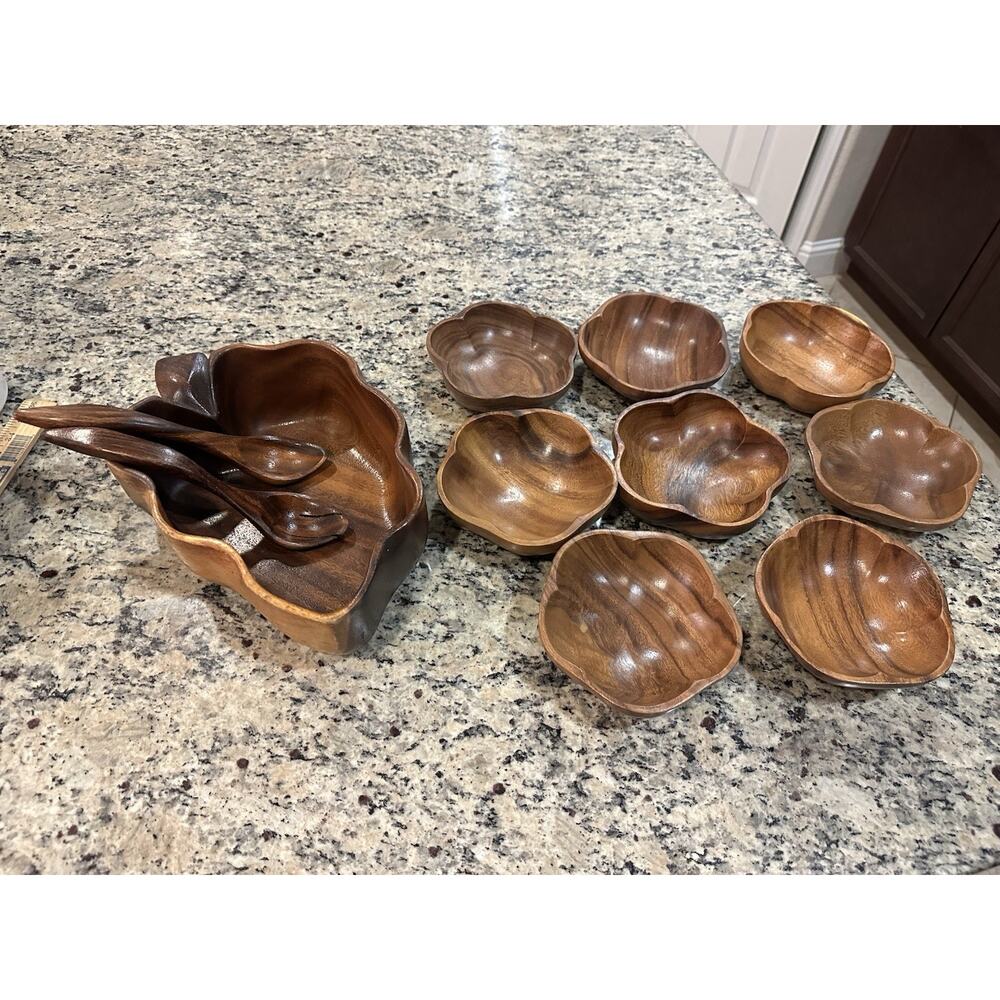 9 Piece Monkey Pod Salad Bowl Set, Serving Utensils, Vintage